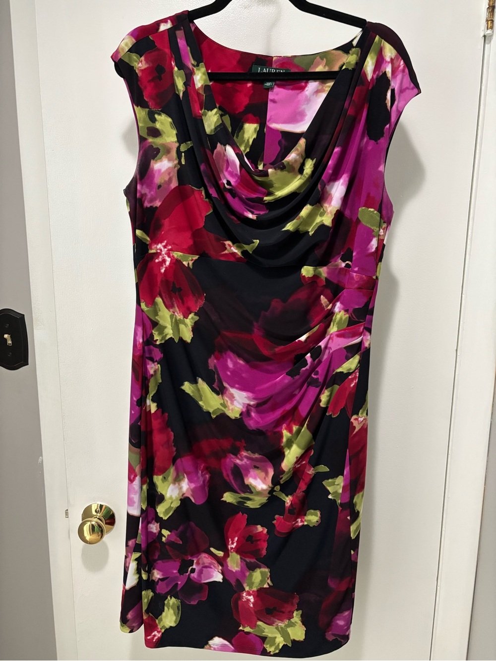 Ralph Lauren Black Floral Cowl Neck Midi Dress Size 16